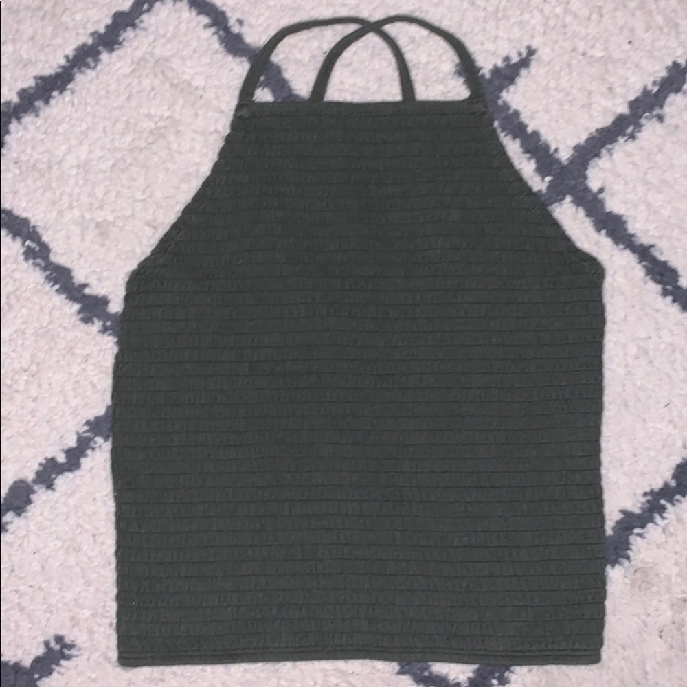 Army green ruffle halter neck shirt.